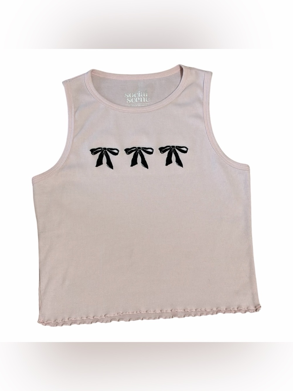 Social Scene Bow Tank Top Y2K Balletcore Ribbed Pastel Pink Medium Ruffles Cute